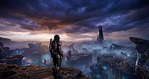 Photorealistic, cinematic shot of an armored figure on a cliff, gazing at a misty, futuristic alien landscape at twilight.