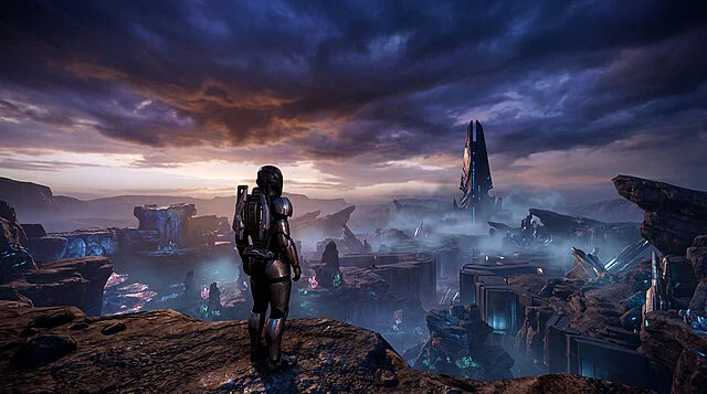 Photorealistic, cinematic shot of an armored figure on a cliff, gazing at a misty, futuristic alien landscape at twilight.