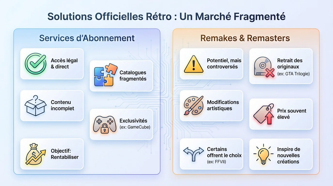 Marché fragmenté des solutions officielles de jeux rétro et abonnements en 2026