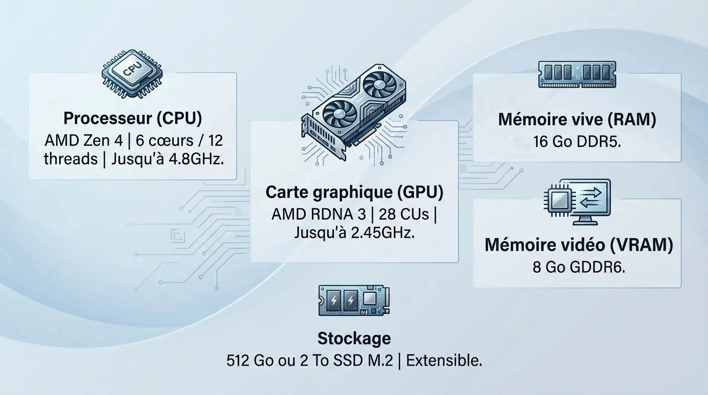 Vue éclatée des composants internes de la Steam Machine montrant le refroidissement et le processeur AMD