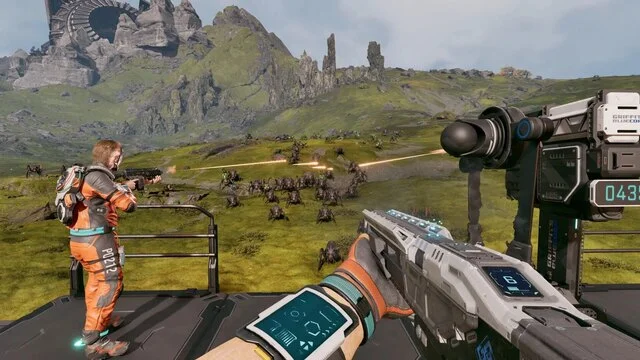 Jeu vidéo de tir contre des araignées extraterrestres.