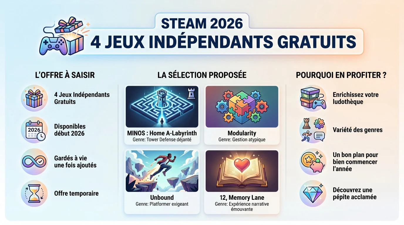 Sélection de quatre jeux indépendants gratuits sur Steam début 2026
