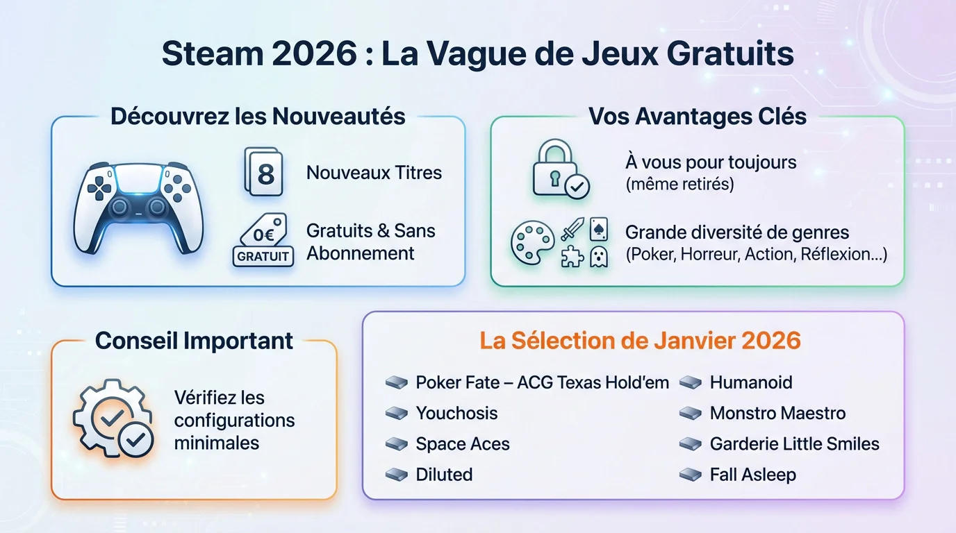 Illustration de la nouvelle vague de jeux gratuits sur Steam en 2026