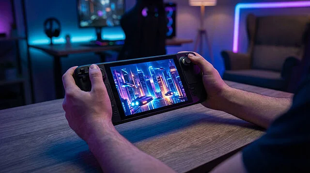 Close-up of hands holding a Steam Deck, displaying a vibrant futuristic city game scene with blue/purple/orange lights in a dim room.
