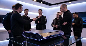 A sleek, dark metallic gaming console with glowing blue and purple accents sits on a reflective surface, watched by a blurred group.
