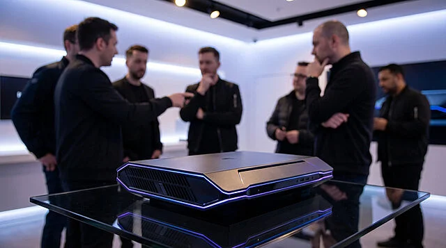 Steam Machine 2026: Power & Debate A sleek, dark metallic gaming console with glowing blue and purple accents sits on a reflective surface, watched by a blurred group.