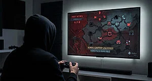 A person in a dark hoodie, seen from behind, intensely plays a strategic game on a large, glowing screen displaying a dark, red map and 'Hero Pack Available'. Controller in hands.