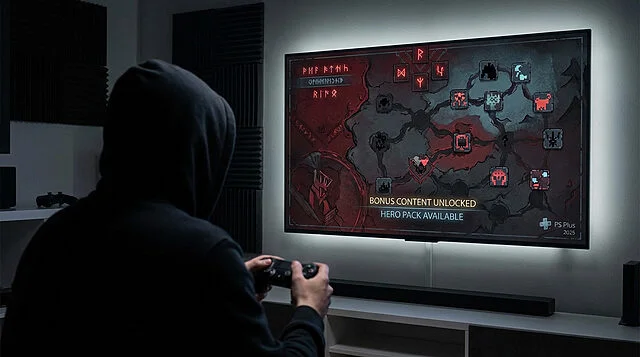 Strategic Gaming Focus A person in a dark hoodie, seen from behind, intensely plays a strategic game on a large, glowing screen displaying a dark, red map and 'Hero Pack Available'. Controller in hands.