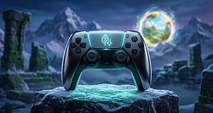 A sleek, glowing game controller on an icy rock. In the background, snow-capped mountains, ruins, and a vibrant portal to new worlds.