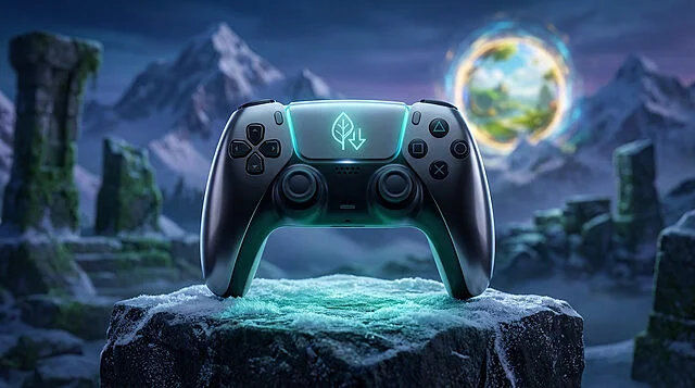Sustainable Gaming: Portal to New Adventures A sleek, glowing game controller on an icy rock. In the background, snow-capped mountains, ruins, and a vibrant portal to new worlds.