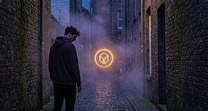 Anonymous figure in dark hoodie at a dim, foggy alley entrance, drawn to a mysterious golden glowing symbol in the distance.