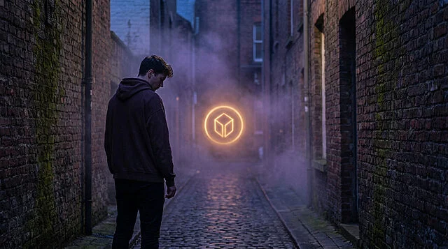 The Lure of the Unknown Anonymous figure in dark hoodie at a dim, foggy alley entrance, drawn to a mysterious golden glowing symbol in the distance.
