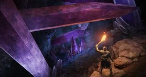 Exploration d'une grotte avec cristaux violets lumineux.