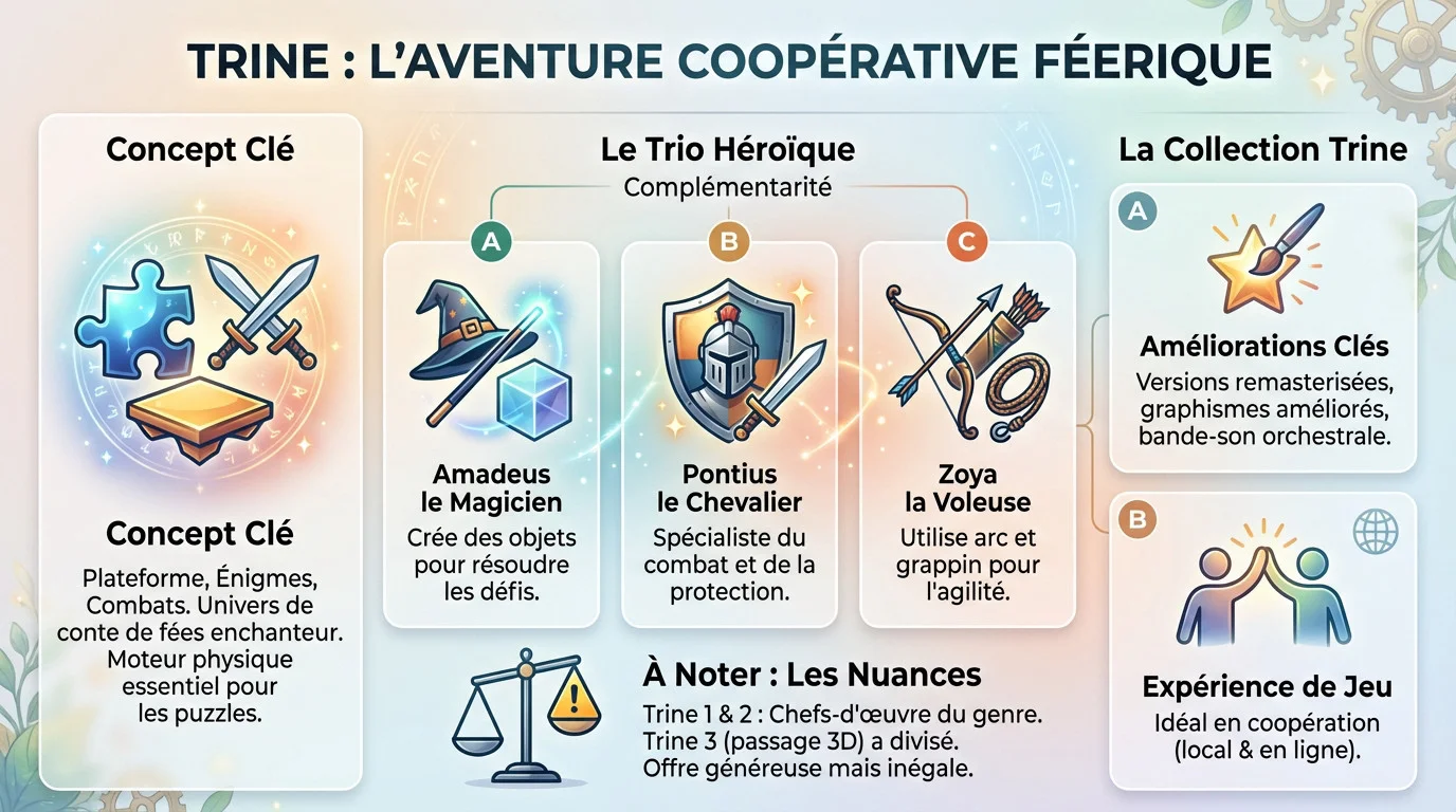 Trine l'aventure coopérative féerique mettant en scène le magicien, le chevalier et la voleuse