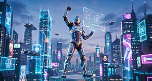 Futuristic warrior in metallic silver and electric blue armor, fist raised, celebrating 'Reward Unlocked' in a neon cyberpunk city.