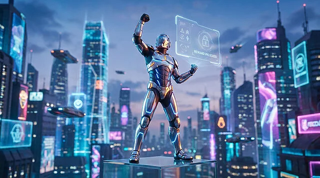 Futuristic warrior in metallic silver and electric blue armor, fist raised, celebrating 'Reward Unlocked' in a neon cyberpunk city.