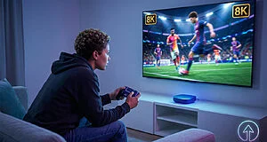Person playing an 8K soccer video game on a large TV with a glowing controller and console, immersed in the action.