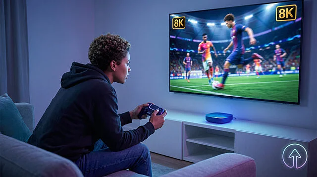 Person playing an 8K soccer video game on a large TV with a glowing controller and console, immersed in the action.