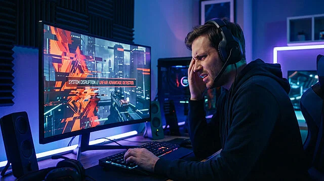 Unfair Advantage Detected: Gamer's Frustration A frustrated male gamer in a headset reacts to 'UNFAIR ADVANTAGE DETECTED' on his monitor in a dimly lit, futuristic room.