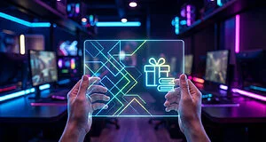 Hands hold a glowing transparent screen displaying a gift icon, books, and abstract patterns, against a blurred neon-lit gaming setup.