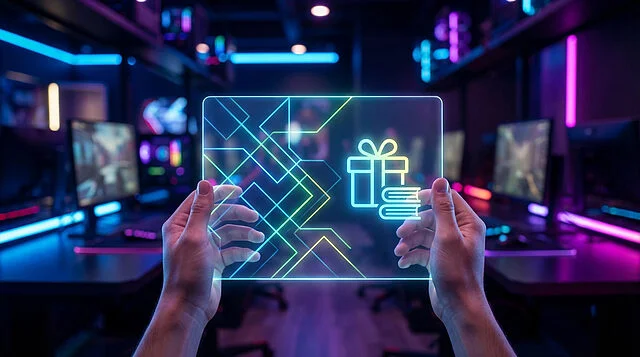 Unlocking Digital Rewards Hands hold a glowing transparent screen displaying a gift icon, books, and abstract patterns, against a blurred neon-lit gaming setup.