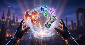 Gloved hands reach for a glowing portal revealing a fiery dragon, vibrant gems, and a futuristic gauntlet, against a twilight cityscape.