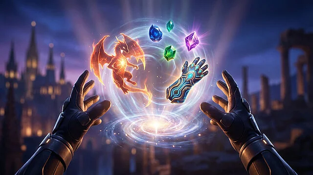 Unveiling Digital Rewards: Dragon, Gems, Gauntlet Gloved hands reach for a glowing portal revealing a fiery dragon, vibrant gems, and a futuristic gauntlet, against a twilight cityscape.