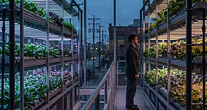 Man observes vibrant plants in a high-tech vertical farm with colorful grow lights, overlooking a blurred urban skyline at dusk.