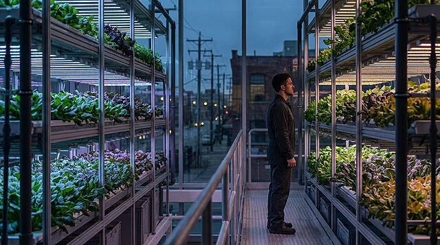 Urban Vertical Farm: High-Tech Cultivation Man observes vibrant plants in a high-tech vertical farm with colorful grow lights, overlooking a blurred urban skyline at dusk.