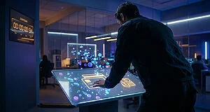 Person interacts with a futuristic glowing digital interface, transforming abstract data into credit symbols. An urgent countdown timer is visible.