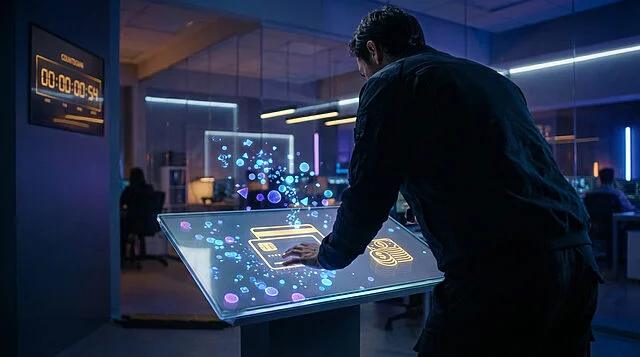 Urgent Digital Credit Transformation Person interacts with a futuristic glowing digital interface, transforming abstract data into credit symbols. An urgent countdown timer is visible.
