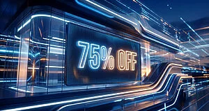 Réduction de 75% en néon futuriste.