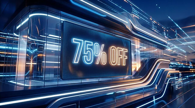 vibrant 75percent off digital opportunity Réduction de 75% en néon futuriste.