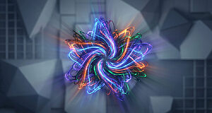 A vibrant, swirling explosion of electric blue, purple, orange, and green light forms an abstract star shape against a muted, geometric background.