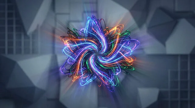 Vibrant Artistic Energy Burst A vibrant, swirling explosion of electric blue, purple, orange, and green light forms an abstract star shape against a muted, geometric background.