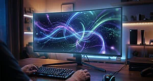 High-res image of a modern gaming setup. Hands on keyboard/mouse, focused on a curved monitor with vibrant abstract graphics, soft glow.
