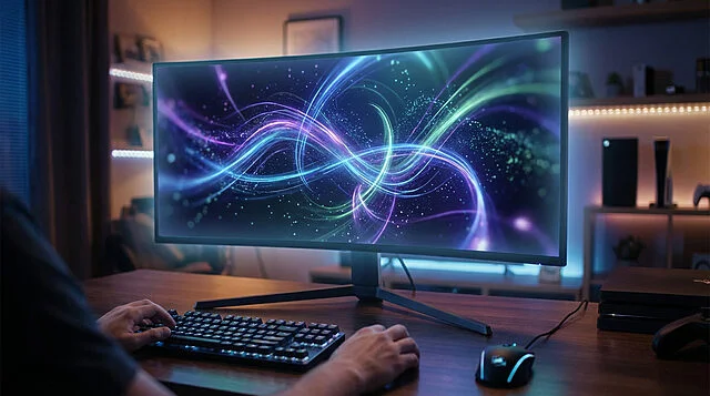 Vibrant Gaming Setup at Twilight High-res image of a modern gaming setup. Hands on keyboard/mouse, focused on a curved monitor with vibrant abstract graphics, soft glow.