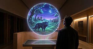 Pessoa observa projeção holográfica brilhante de paisagem fantástica com criatura lupina, árvores e vila medieval sob céu crepuscular.
