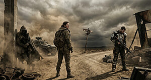 Scène post-apocalyptique avec trois personnages armés et voiture.