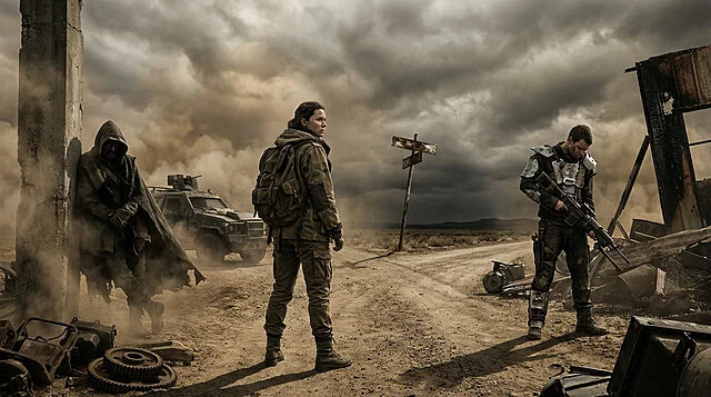 wasteland crossroads a tense post apocalyptic stand Scène post-apocalyptique avec trois personnages armés et voiture.