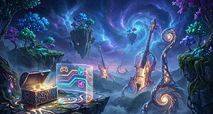 Whimsical, surreal landscape with floating islands, glowing trees, and violin-like structures. An open treasure chest and glowing game screen in the foreground.