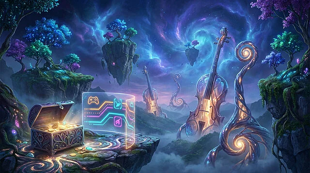 Whimsical Gaming Treasure in a Dreamlike Realm Whimsical, surreal landscape with floating islands, glowing trees, and violin-like structures. An open treasure chest and glowing game screen in the foreground.