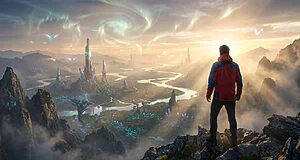 Figure views hyper-realistic fantasy landscape with glowing flora, crystal spires, winding river, and flying creatures under a magical sky.