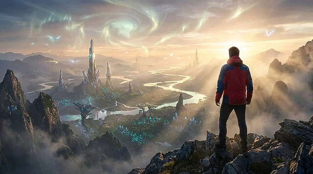Wonderous Fantasy Landscape: A Graphical Leap Figure views hyper-realistic fantasy landscape with glowing flora, crystal spires, winding river, and flying creatures under a magical sky.