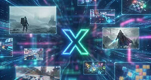 Central glowing blue-green 'X' surrounded by ten holographic panels depicting diverse game worlds: sci-fi, fantasy, racing, puzzles.