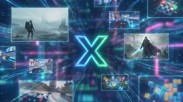 X Gaming Platform: A Universe of Adventures Central glowing blue-green 'X' surrounded by ten holographic panels depicting diverse game worlds: sci-fi, fantasy, racing, puzzles.