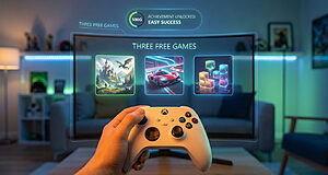 Hand holding white Xbox controller, holographic screen shows "Three Free Games" with adventure, racing, puzzle icons, plus achievement.