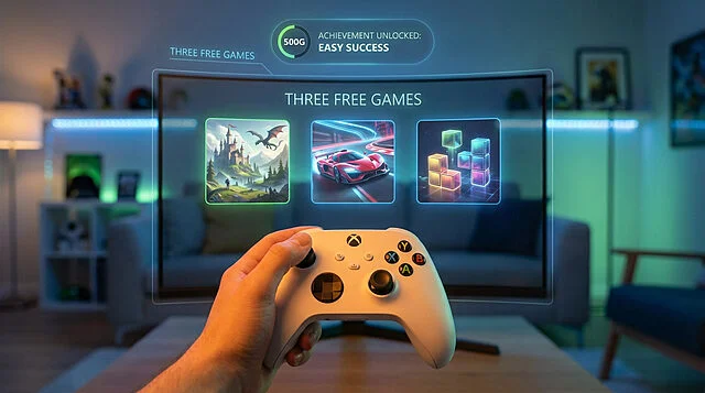 Xbox Controller, Holographic Games & Easy Achievement Hand holding white Xbox controller, holographic screen shows "Three Free Games" with adventure, racing, puzzle icons, plus achievement.