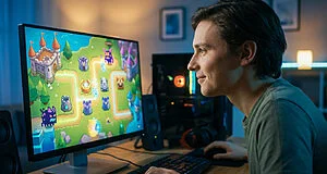 A young man with a subtle smile plays a colorful tower defense game on a PC monitor, illuminated by the screen's glow.