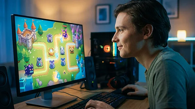 Young Man Immersed in Tower Defense Game A young man with a subtle smile plays a colorful tower defense game on a PC monitor, illuminated by the screen's glow.